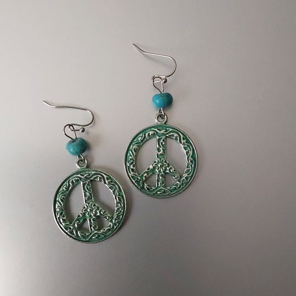 Boho Earrings Peace Sign Antiqued Copper